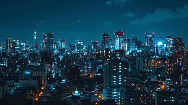 Night view of Tokyo, JAPAN, Bangkok urban cityscape skyline night scene with empty asphalt floor on front glass buildings with cloudy blue sky background