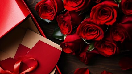Bouquet of Red Roses with Open Gift Box
