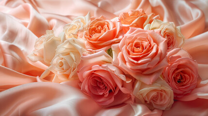 A bouquet of pink and white roses on satin fabric.