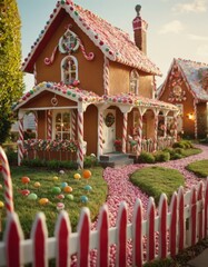 A whimsical gingerbread house with colorful candy decorations, surrounded by a white picket fence in a fantasy setting.