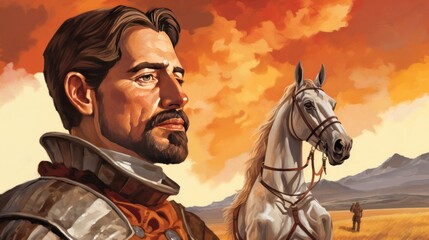 A man with a beard stands in front of a horse. The man is wearing a suit and he is a knight. The horse is white and is tied to a post