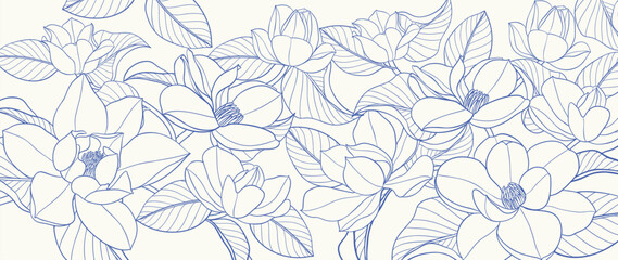 Naklejka premium Abstract floral line art vector background. Leaf wallpaper of tropical leaves, leaf branch, plants in hand drawn pattern. Botanical jungle illustrated for banner, prints, decoration, fabric.