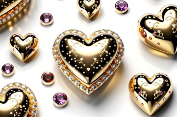 Fototapeta premium Set of golden hearts made of gold with precious stones on a white background.