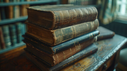 Stack of old books on table.