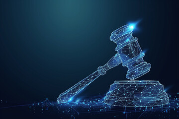 Futuristic blue wireframe of a judge's gavel