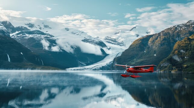 A seaplane or dragonfly plane is flying over the mountains