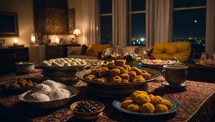 Fototapeta premium The night of Eid is the first stage of the celebration, as the Eid ceremonies begin with the preparation of Eid sweets, and the house becomes as if it were a beehive to prepare for the Eid preparation