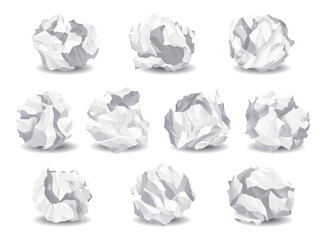 Crumpled paper balls icons. Realistic garbage, bad idea symbols, crushed piece of papers. Throw rumple grunge sheets. Mistake in documents. Realistic wrinkled pages