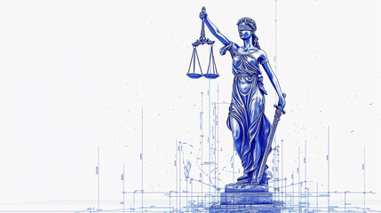 a digital rendering of Lady Justice, set against a white background - obrazy, fototapety, plakaty