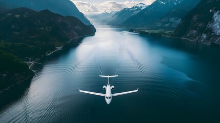 A small plane lands on a calm mountain lake reflecting snow-capped peaks under a summer sky