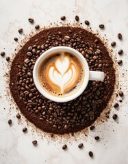 A ceramic cup of expertly crafted cappuccino encircled by an abundance of roasted coffee beans on a marble surface.