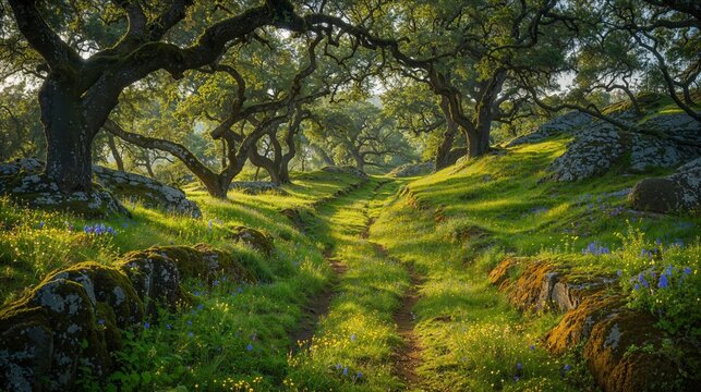 Beautiful landscape wallpaper high quality background Peaceful Oak Tree Path in Spring