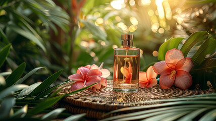 A perfume bottle among tropical flowers