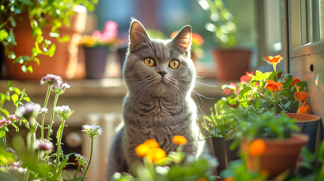 British grey shorthair cat surrounded by pots in a greenhouse