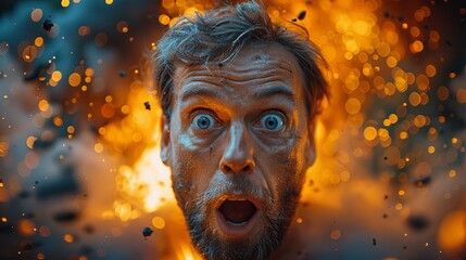 Closeup photo of sad terrified Young man lady horrified facial expression made big mistake feel guilty bemused Pupils wide open effect explosion Impact background. bloopers and blunders concept - obrazy, fototapety, plakaty