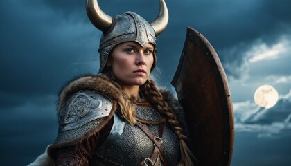 A powerful portrait of a Viking warrior woman, clad in armor under a moonlit sky, embodying strength and the spirit of Norse mythology.