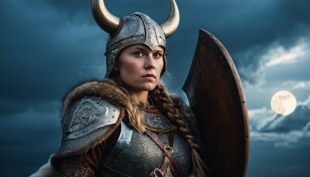 A powerful portrait of a Viking warrior woman, clad in armor under a moonlit sky, embodying strength and the spirit of Norse mythology.