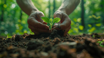 Hands planting sapling in soil.