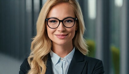 Smart, intelligent, friendly, likable portrait of an executive business woman manager, advisor, agent, representative with glasses - obrazy, fototapety, plakaty