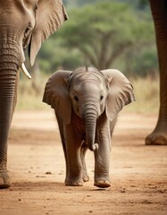 An adorable baby elephant trots confidently alongside its family, with the warm hues of the African savannah as the backdrop.