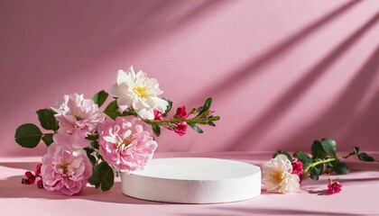  Round podium platform stand for beauty product presentation and beautiful flowers on pink background. with shadows. Front view