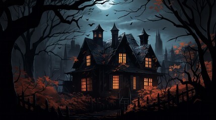 A house with a large moon in the background. The house is surrounded by trees and has a creepy vibe
