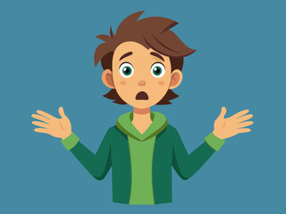 unhappy, surprised, shocked, puzzled, making difficult choice young man spreading his arms, shrugging shoulders. Concept of confusion, uncertainty, deadline, I don't know, insecurity, oops