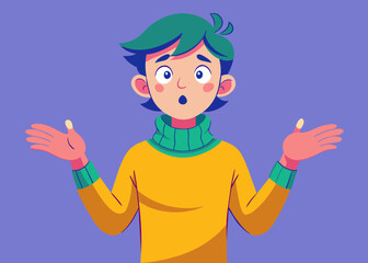 unhappy, surprised, shocked, puzzled, making difficult choice young man spreading his arms, shrugging shoulders. Concept of confusion, uncertainty, deadline, I don't know, insecurity, oops