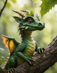A charming green dragon with horns and wings perches attentively on a tree branch, blending into the verdant forest background.