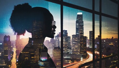 Silhouette of woman superimposed on city skyline