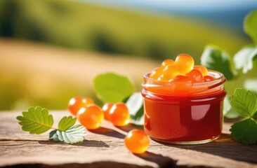 glass jar of cloudberry jam on a wooden table, ripe cloudberries, orchard, green background, sunny day - obrazy, fototapety, plakaty