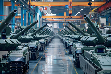 Military tanks in production line at an armament factory.