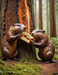 Two lifelike beavers engaging in a charming act of sharing a sandwich against the backdrop of a lush forest.