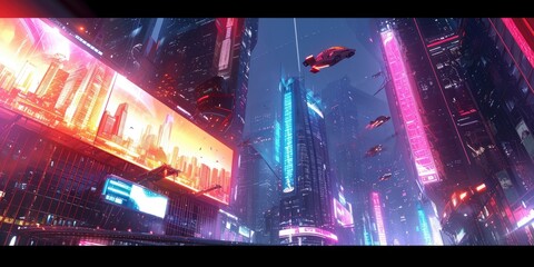 Futuristic city glows with soft hues, complemented by the sleek design of hovering vehicles above the vibrant skyline. Resplendent.