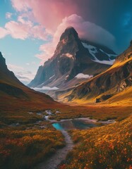 Fototapeta na wymiar A breathtaking view of a towering mountain peak bathed in the warm glow of a sunset, with a river flowing through a colorful, flower-filled valley.