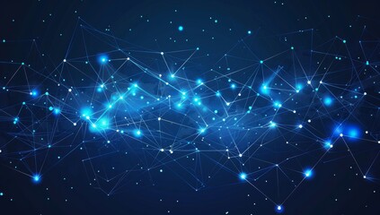 Abstract digital background with glowing network connections and nodes on dark blue backdrop