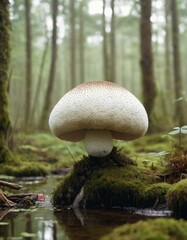 A single large mushroom stands prominently on a mossy log in a misty, dense forest, highlighting the beauty of natural ecosystems