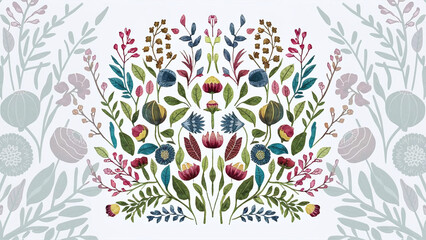 A captivating design featuring a beautiful watercolor pseudo-illustration of various botanical elements, including flowers, leaves, and stems. The illustrations are arranged in a symmetrical and harmo