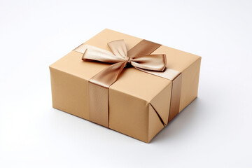 Single empty cardboard box with blank label, on a solid white background, box with a ribbon tied around it,
