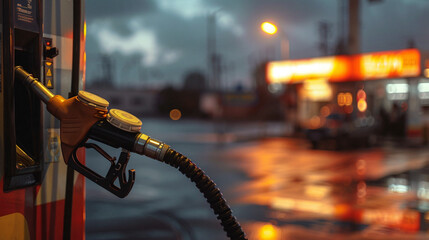 Close-up photo of gasoline pump and hoses for refueling cars.