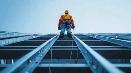 A man in workwear with a red jumpsuit, helmet, and engineering tools stands on a ladder in a building amidst the city's steel and metal structures. AIG41 - obrazy, fototapety, plakaty