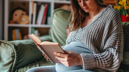 A pregnant woman is reading a book at home