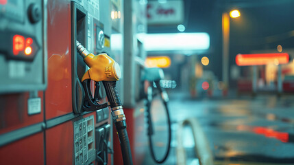 Close-up photo of gasoline pump and hoses for refueling cars. - obrazy, fototapety, plakaty