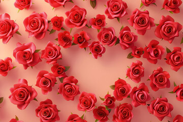 Beautiful 3D Rendered Red Roses Arranged in Heart Shape on Pink Background for Romantic Concept Art or Valentine's Day Design