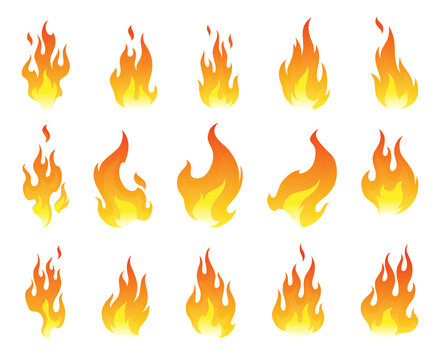 Fire flames icon set. Cartoon heat wildfire or bonfire, burn power fiery. Power light energy silhouettes. Campfire element in flat style. Isolated  illustration