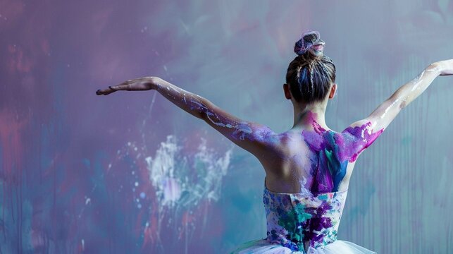 Back view and crossed raised arms of young artistically abstract painted woman, ballerina with white, blue and purple, violet paint, Creative body art painting, copy space
