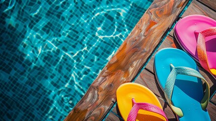 Brightly colored flip-flops of the family on wooden background near the pool top view