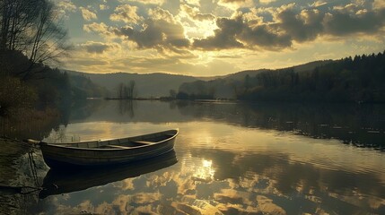 Tranquil Reflection on a Serene Lakeside at Sunset with Dramatic Cloudy Sky