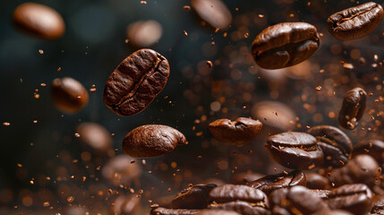 Photo of falling coffee beans on black background. Cinematic style - obrazy, fototapety, plakaty
