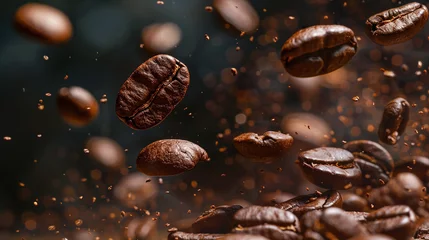 Foto op Plexiglas Photo of falling coffee beans on black background. Cinematic style © CozyDigital